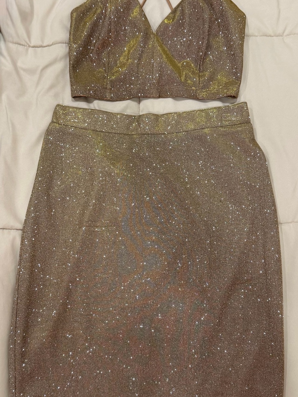 Lulu's Glittery Metallic Pencil Skirt in Rose Gold and Gold Shirt
